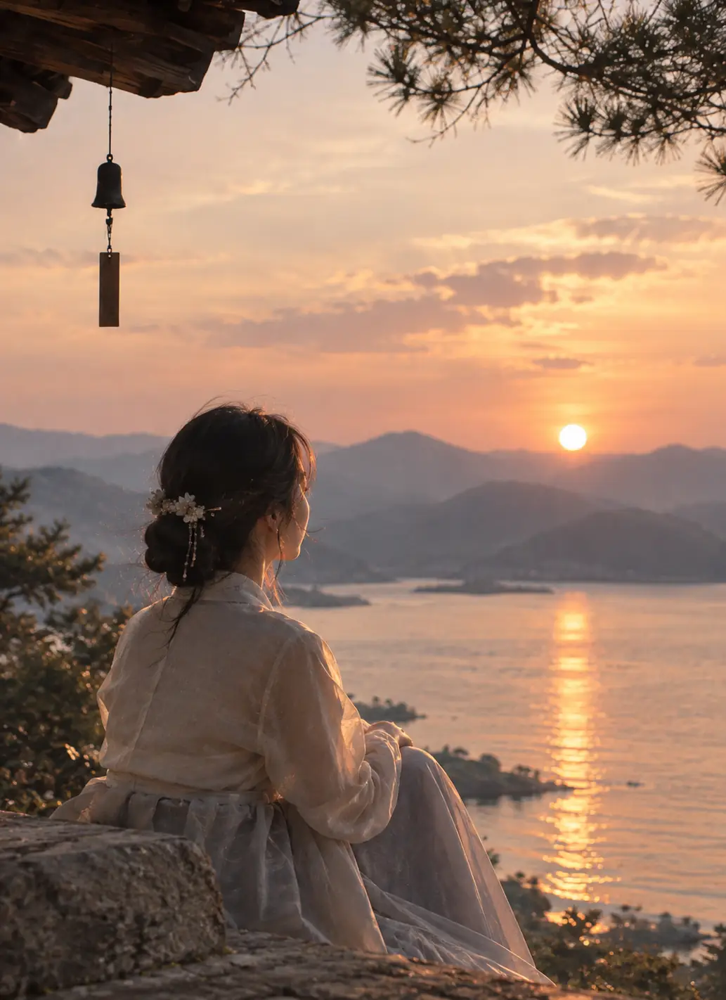 A woman in hanbok watching the sunset over the sea beneath temple eaves and a wind bell